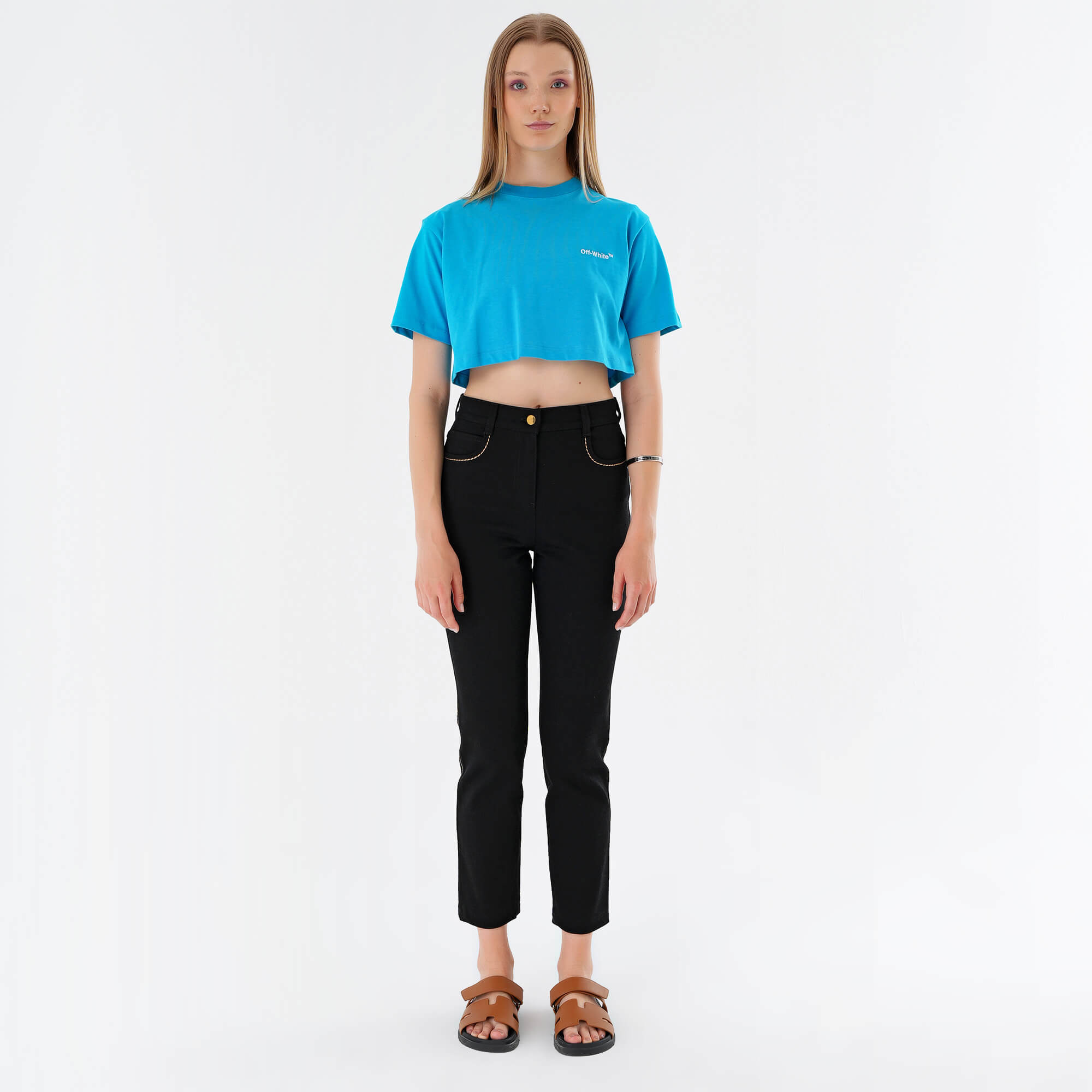 Off White - Blue Logo Printed  Cropped Tshirt M